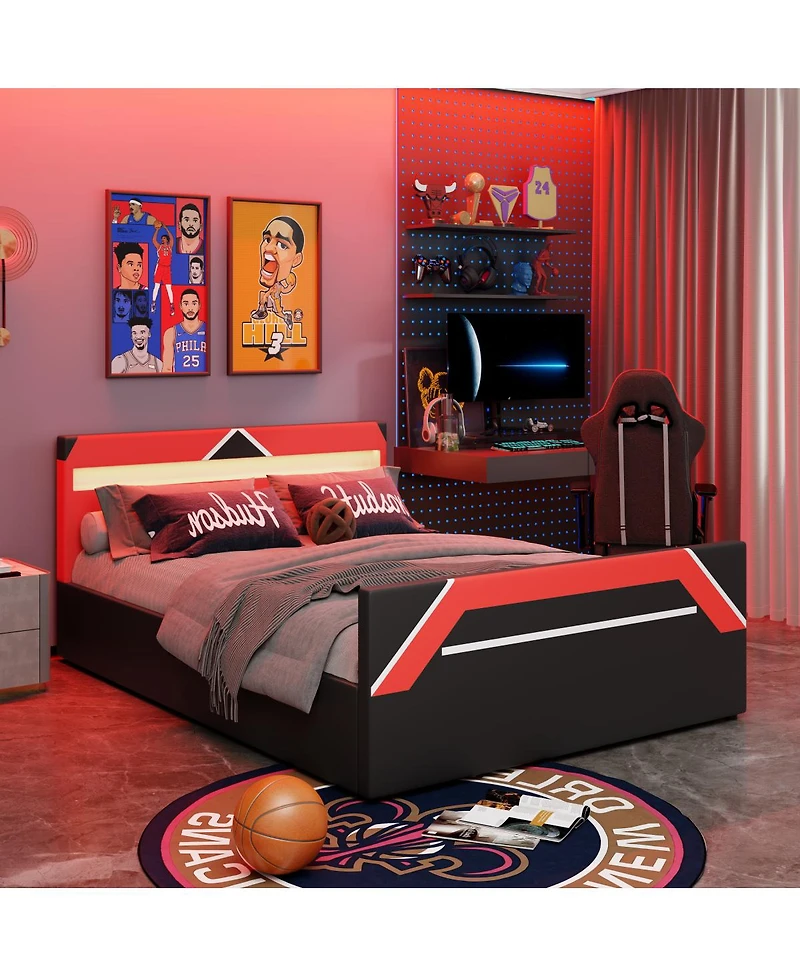 Streamdale Furniture Queen Size Led Gaming Bed with Hydraulic Storage
