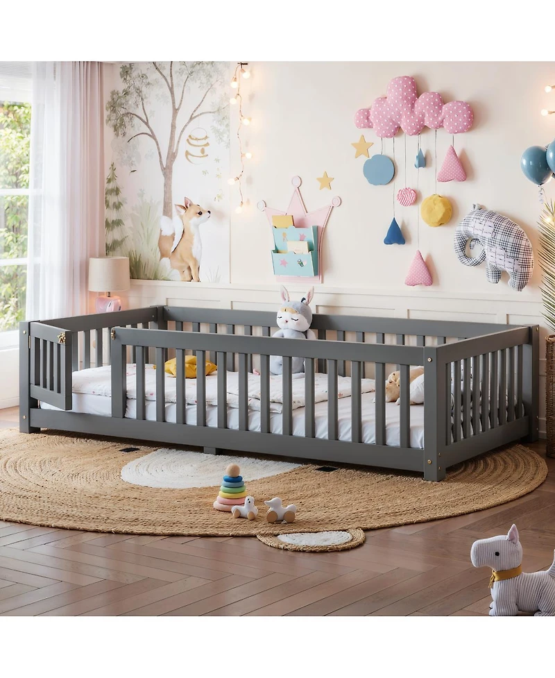 Streamdale Furniture Twin Size Bed Floor Bed with Safety Guardrails and Door for Kids