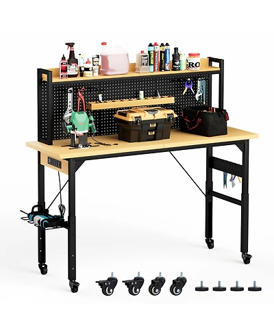 Streamdale Furniture 71'' Heavy-Duty Adjustable Workbench with Pegboard Wheels and Power Outlets