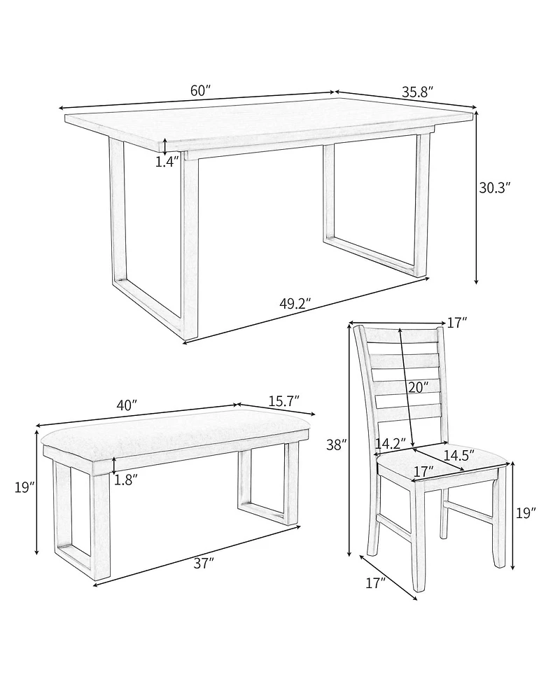 Streamdale Furniture 6-Piece Solid Wood Dining Set with Rectangular Table 4 Chairs and Bench
