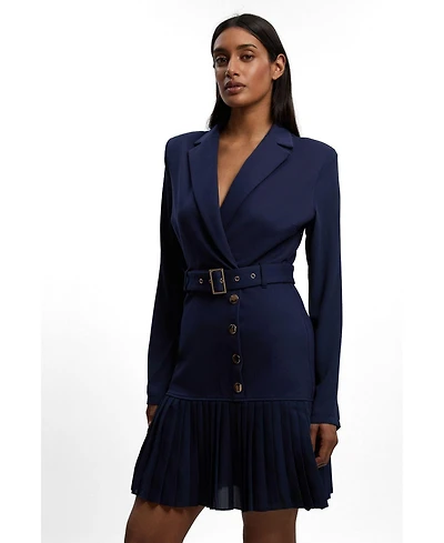 Karen Millen Women's Pleated Skirt Collared Mini Dress