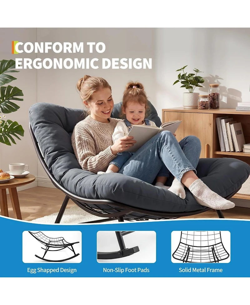 gaomon Oversized Papasan Rocking Chair Egg-Shaped Rattan Chaise Lounge with Removable Cushion, Metal Frame and Non-Slip Feet for Patio and Garden