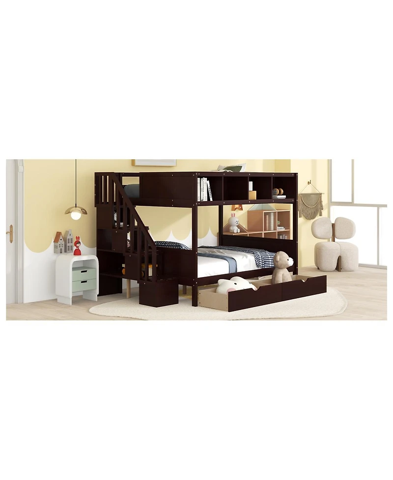 Streamdale Furniture Twin over Full Bunk Bed with Shelfs Storage Staircase and 2 Drawers Espresso