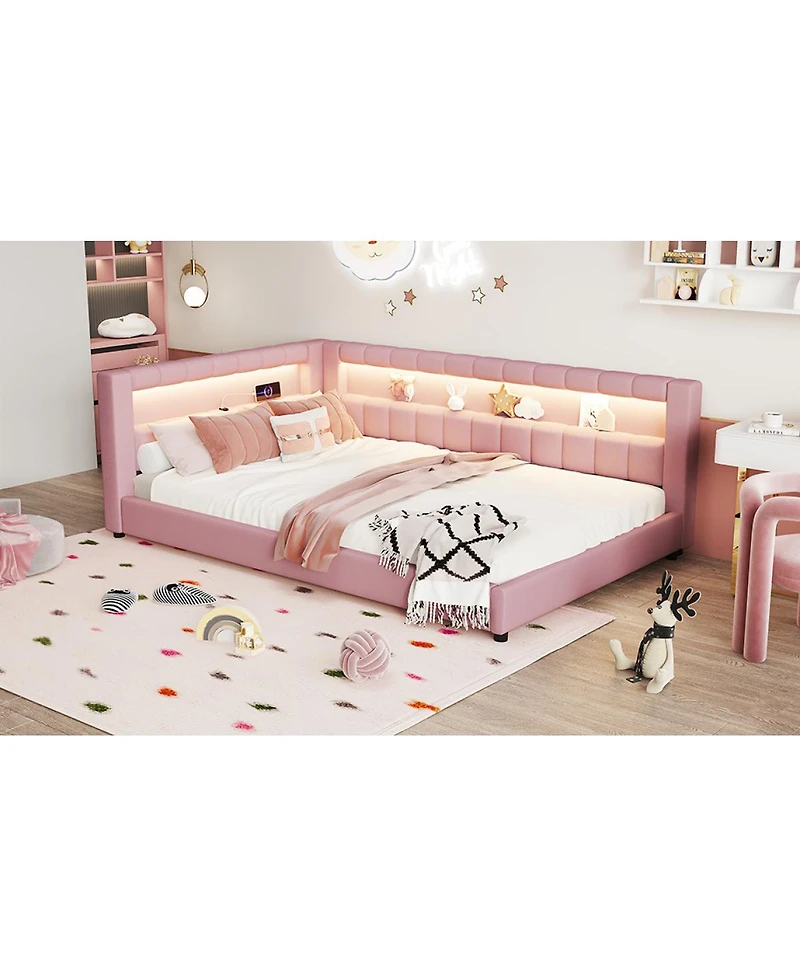 Streamdale Furniture Upholstered Full Xl Size Platform Bed with Usb Ports and Led Belt