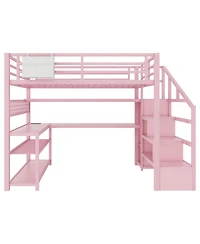 Streamdale Furniture Full Size Metal Loft Bed with Staircase Desk Wardrobe and Led Lights