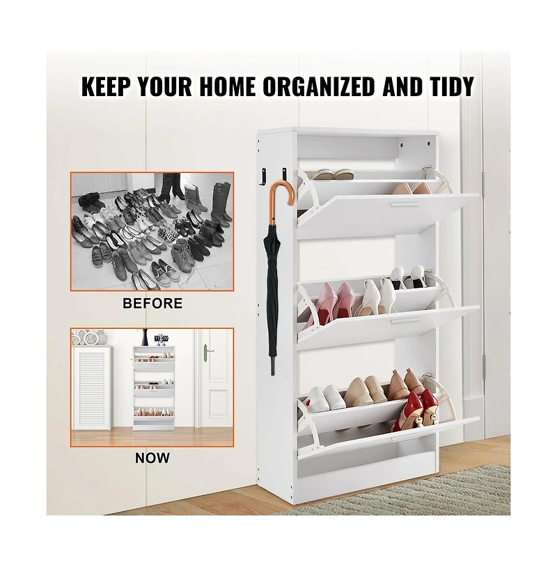 Sugift Slim Shoe Cabinet with 3 Flip Drawers, Freestanding Entryway Shoe Storage, 23.6 x 9.3 x 47.2 in