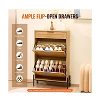 Sugift Narrow Rattan Shoe Cabinet with Flip Drawers, Slide Drawer, and Metal Frame