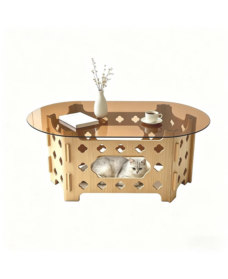 Streamdale Furniture Modern Oval Tempered Glass Coffee Table with Hidden Cat Nest and Wood Base