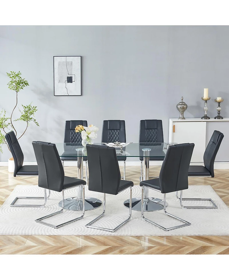 Streamdale Furniture 71 inch Tempered Glass Dining Table and 8 Pu Leather Chairs Set