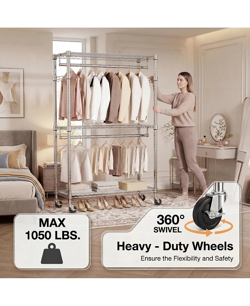 Streamdale Furniture Heavy Duty 3-Tier Rolling Garment Rack with Adjustable Shelves and Hooks