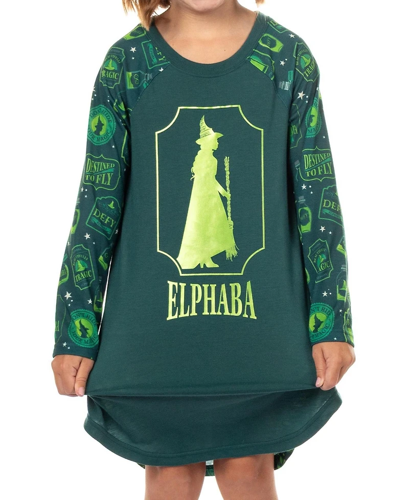 Wicked Girls' 4-16 Kids Elphaba Destined to Fly Nightgown Silhouette Long-Sleeve Raglan Soft Fleece Gown