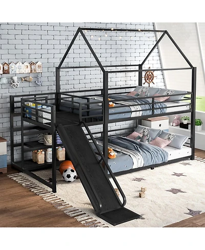 Streamdale Furniture Full Metal House Bunk Bed with Storage Stairs Slide Safety Rails