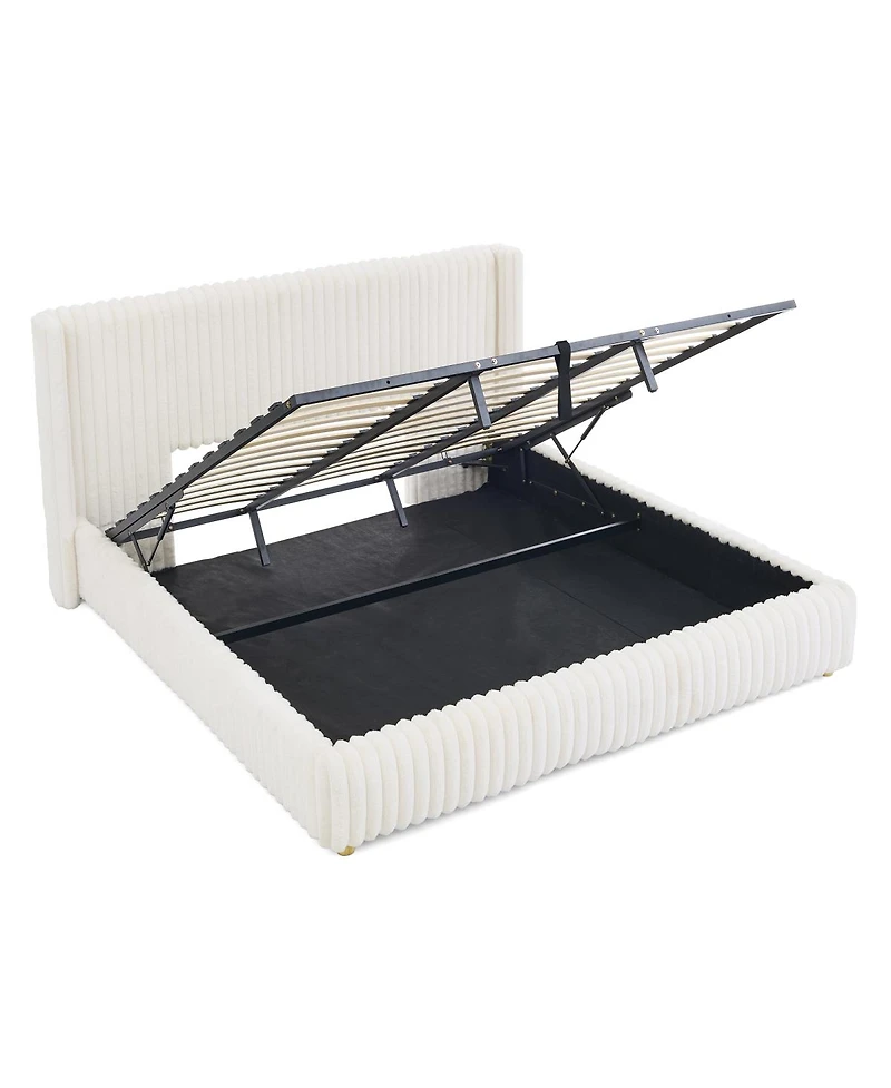 Streamdale Furniture Functional Striped Gas Lift Storage Bed Luxury Rabbit Fur Upholstered
