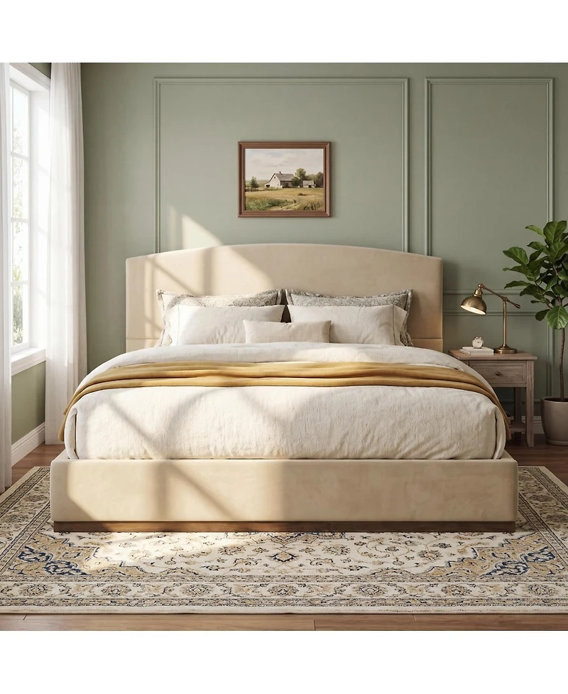 Streamdale Furniture King Size Velvet Upholstered Bed Frame with Thick Headboard Camel