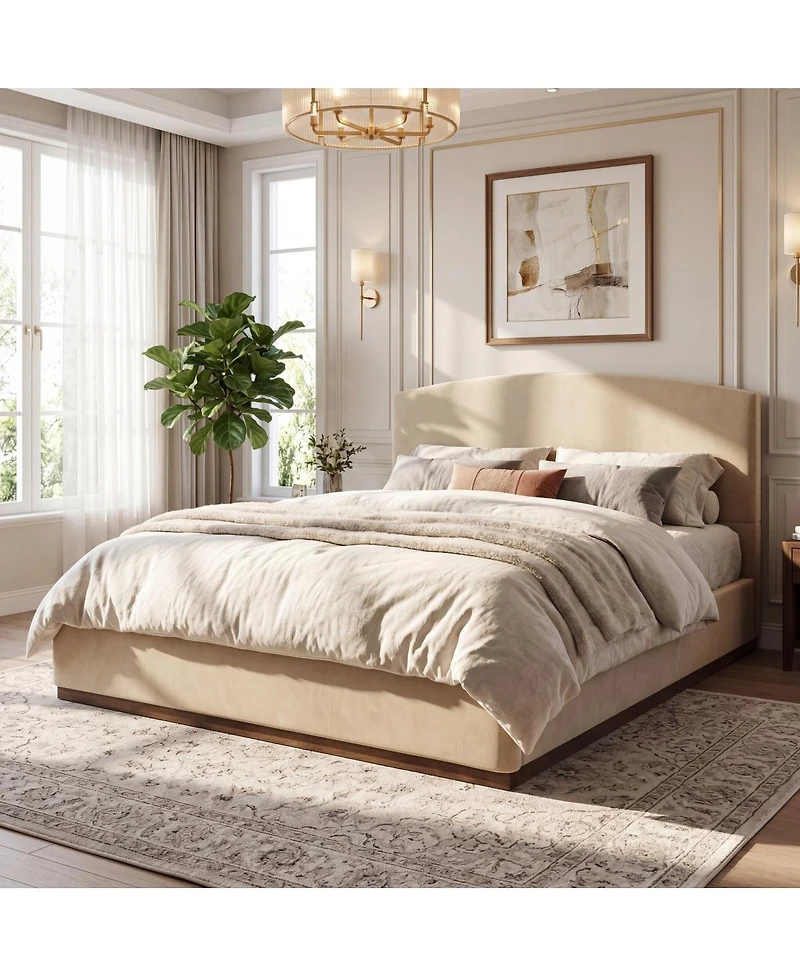 Streamdale Furniture King Size Velvet Upholstered Bed Frame with Thick Headboard Camel