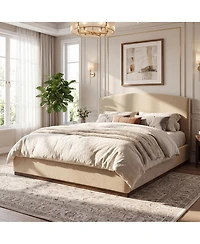 Streamdale Furniture King Size Velvet Upholstered Bed Frame with Thick Headboard Camel