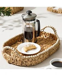 Gibson Home 17-Inch Woven Decorative Serving Tray – Large Natural Water Hyacinth Basket with Wood-Bead Trim and Handles