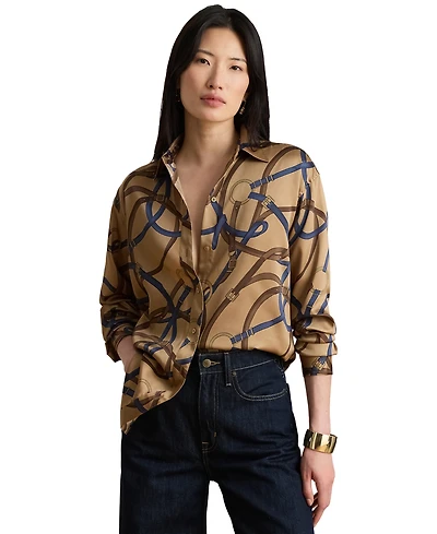 Lauren Ralph Petite Relaxed-Fit Belting-Print Twill Button-Up Top