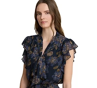 Lauren Ralph Petite Floral Crinkle Georgette Tie-Neck A-Line Dress