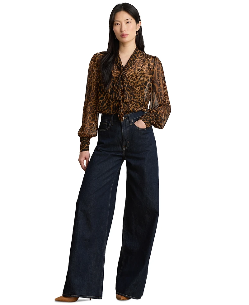 Lauren Ralph Petite Ocelot Print Chiffon Tie-Neck Blouse