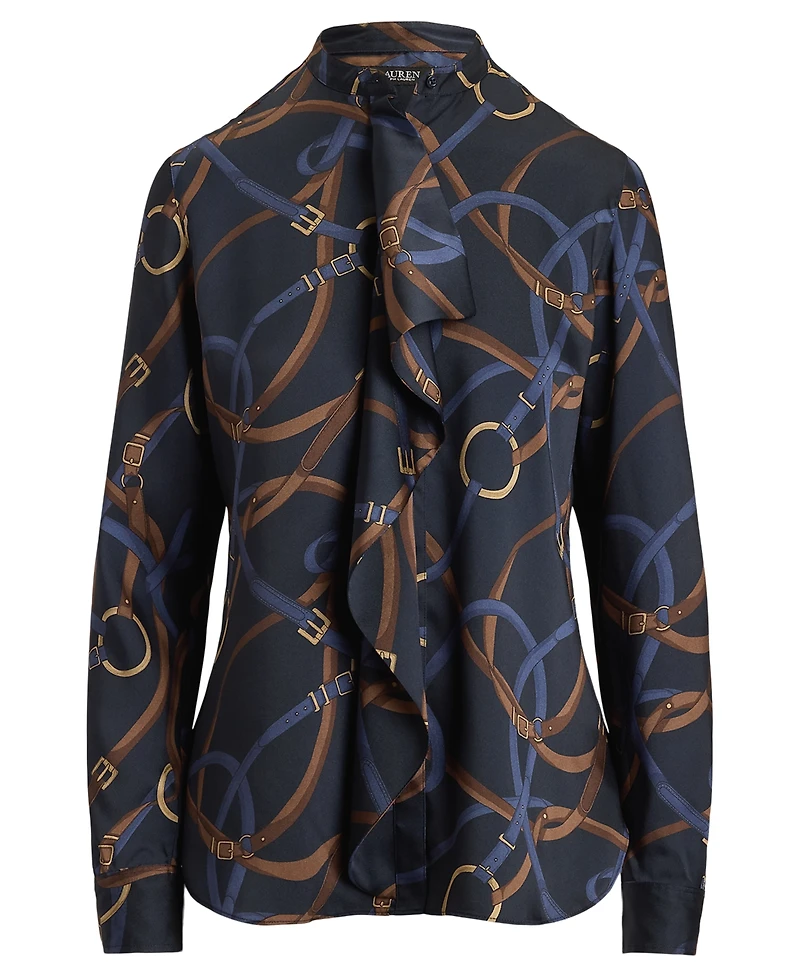 Lauren Ralph Petite Belting Print Ruffle-Trim Twill Shirt