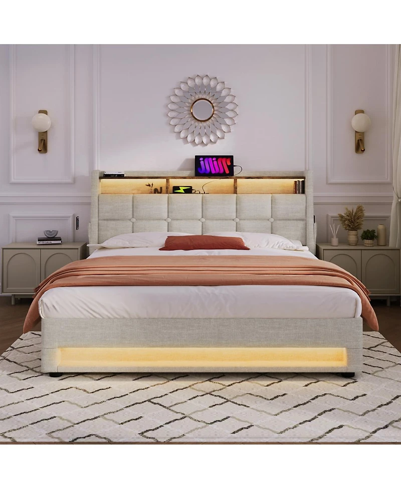 Streamdale Furniture Full Size Upholstered Hydraulic Storage Bed with Led and Charging Station