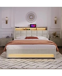 Streamdale Furniture Full Size Upholstered Hydraulic Storage Bed with Led and Charging Station
