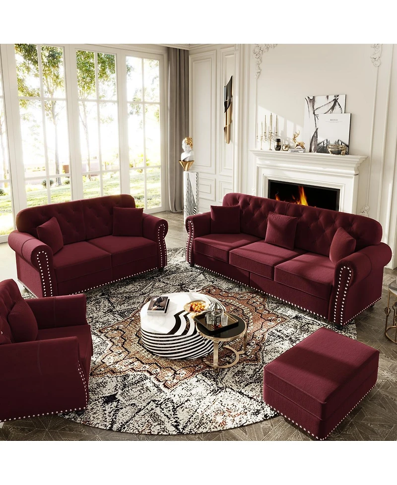 Streamdale Furniture Velvet Chesterfield Sofa with Nailhead Trim and Ottoman