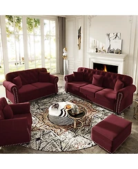 Streamdale Furniture Velvet Chesterfield Sofa with Nailhead Trim and Ottoman