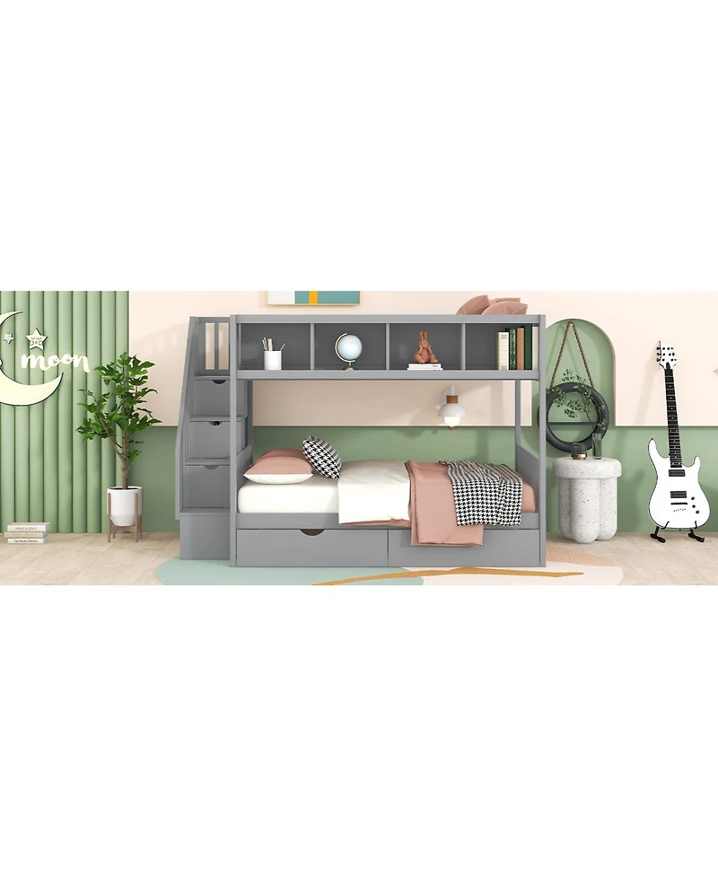 Streamdale Furniture Twin over Full Bunk Bed with Shelfs Storage Staircase and 2 Drawers