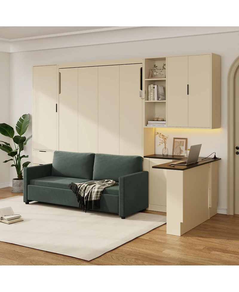 Streamdale Furniture Queen Murphy Bed with Sofa Storage Led and Usb Cream