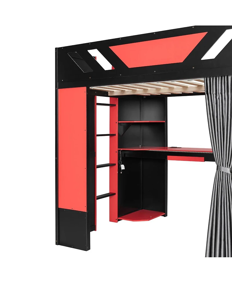 Streamdale Furniture Full Size Wood Loft Bed with Shelves Blackout Curtains and Rgb Lights