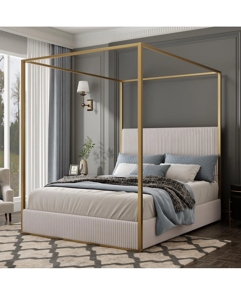 Streamdale Furniture Modern Luxury Metal Canopy Bed with Corduroy Upholstered Headboard King