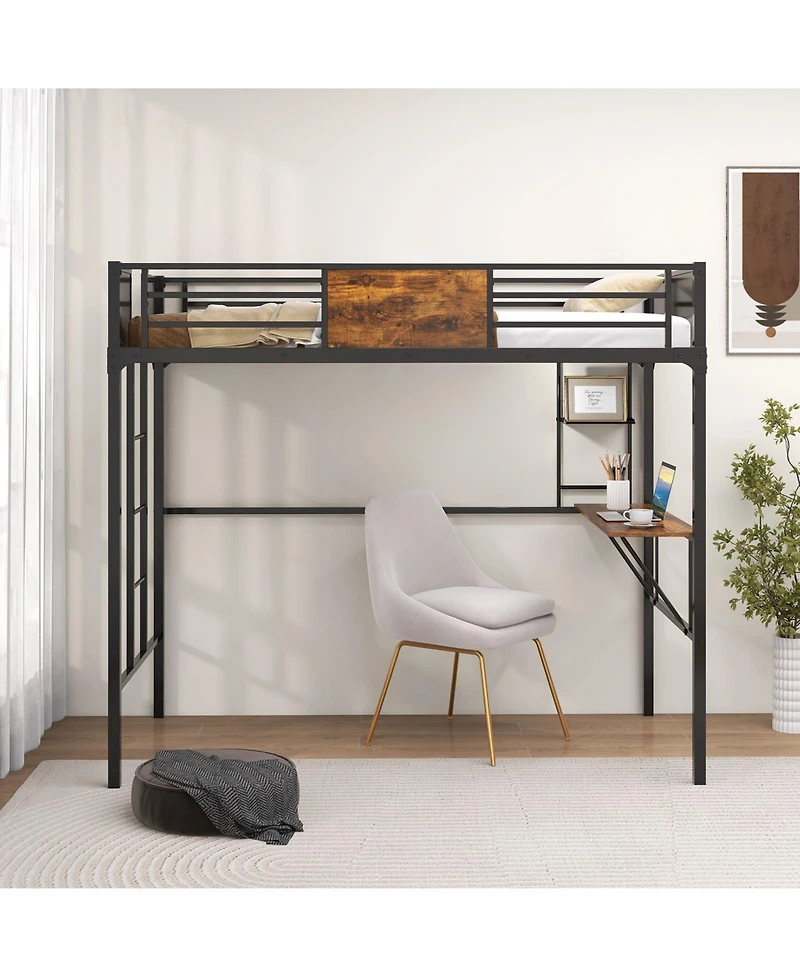 Gouun Twin Size Industrial Metal Loft Bed with Desk Storage Shelf and Build-in Ladder