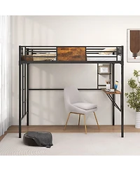 Gouun Twin Size Industrial Metal Loft Bed with Desk Storage Shelf and Build-in Ladder