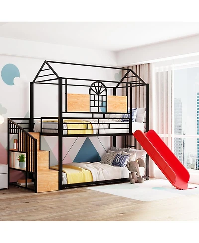 Streamdale Furniture Twin Over Twin Metal House Bunk Bed with Slide and Storage Stairs