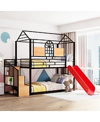Streamdale Furniture Twin Over Twin Metal House Bunk Bed with Slide and Storage Stairs