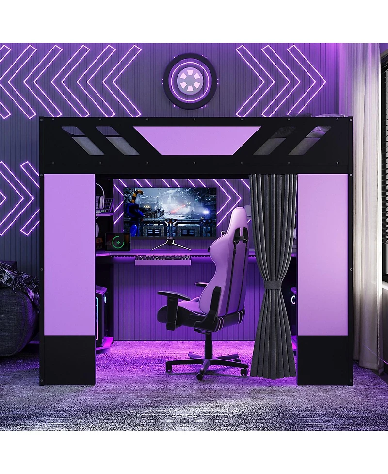 Streamdale Furniture Full Size Wood Loft Bed with Shelves Curtains and Rgb Lights