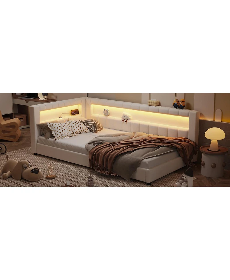 Streamdale Furniture Upholstered Twin Xl Size Platform Bed with Usb Ports and Led Belt Cream