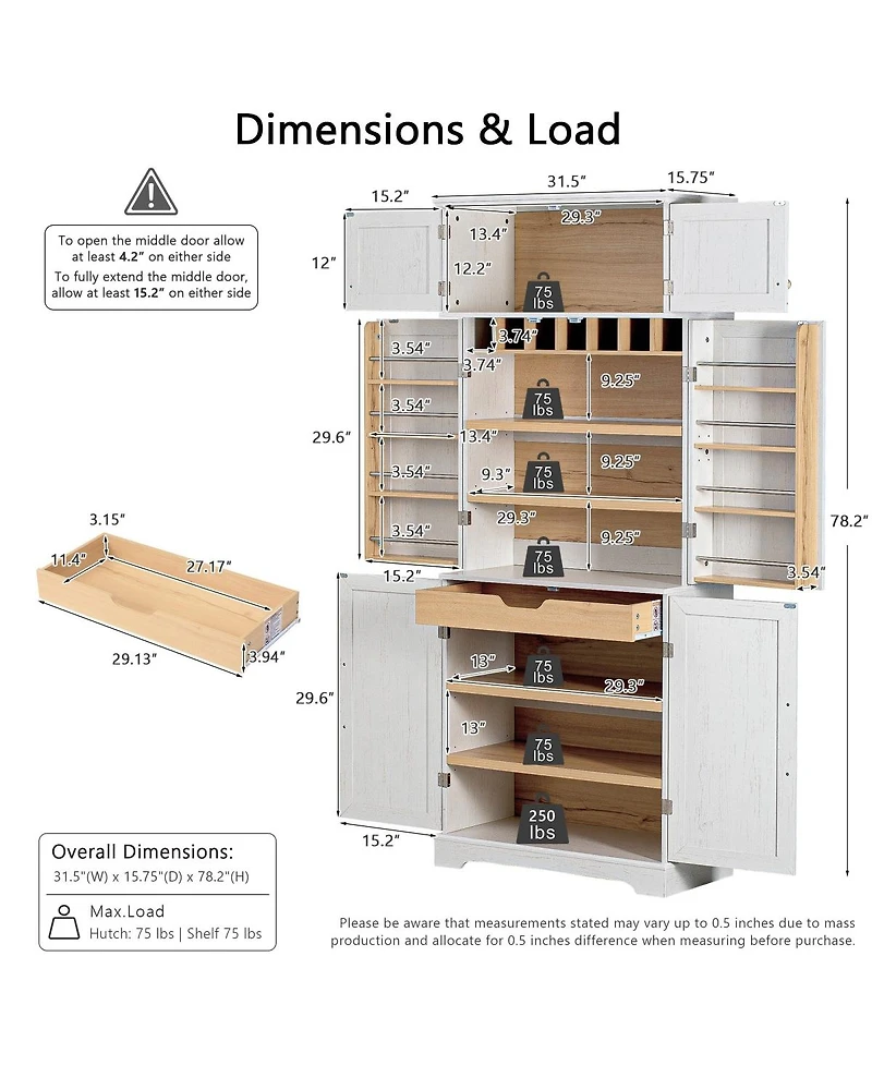 Streamdale Furniture 78.2'' Farmhouse Kitchen Pantry Cabinet with Adjustable Shelves and Wine Rack
