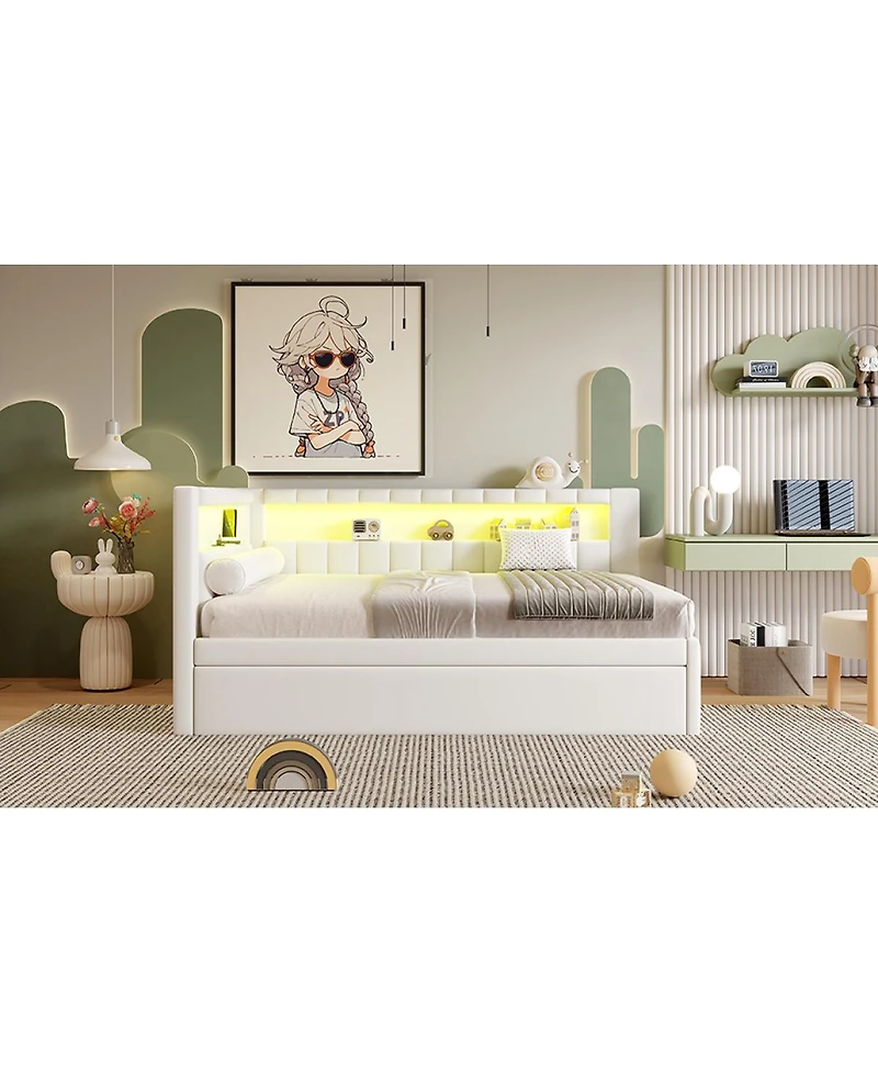 Streamdale Furniture Full Size Upholstered Platform Bed with Led Usb Ports and Trundle
