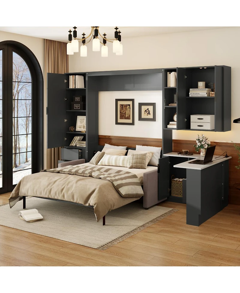 Streamdale Furniture Queen Murphy Bed with Sofa Storage Led and Usb