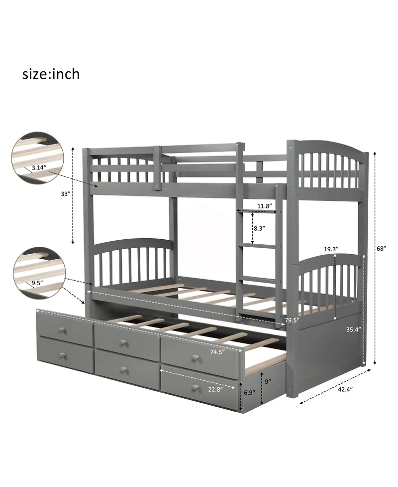 Streamdale Furniture Twin Bunk Bed with Trundle 3 Drawers and Ladder