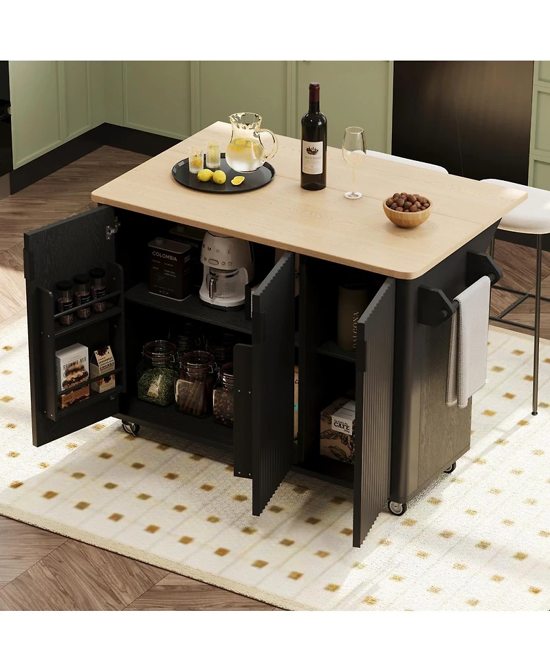 Streamdale Furniture 51'' Fluted Farmhouse Kitchen Island with Drop Leaf and Rolling Storage Cart