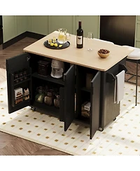Streamdale Furniture 51'' Fluted Farmhouse Kitchen Island with Drop Leaf and Rolling Storage Cart