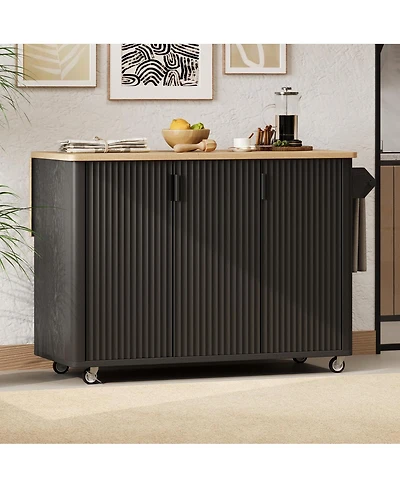 Streamdale Furniture 51'' Fluted Farmhouse Kitchen Island with Drop Leaf and Rolling Storage Cart