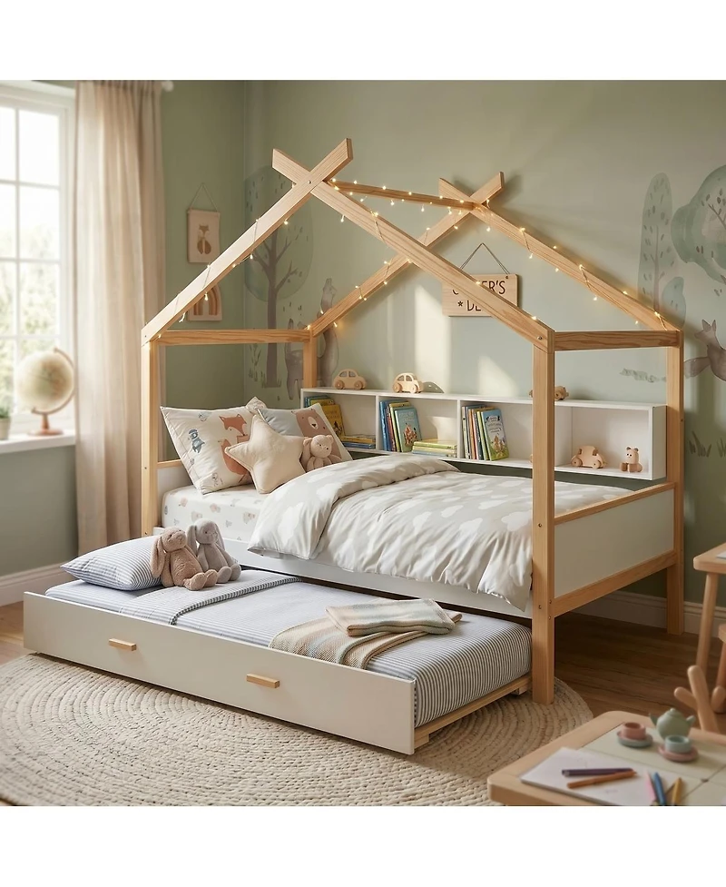 Streamdale Furniture Wooden House Bed with Trundle and Bookshelf Storage