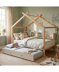 Streamdale Furniture Wooden House Bed with Trundle and Bookshelf Storage