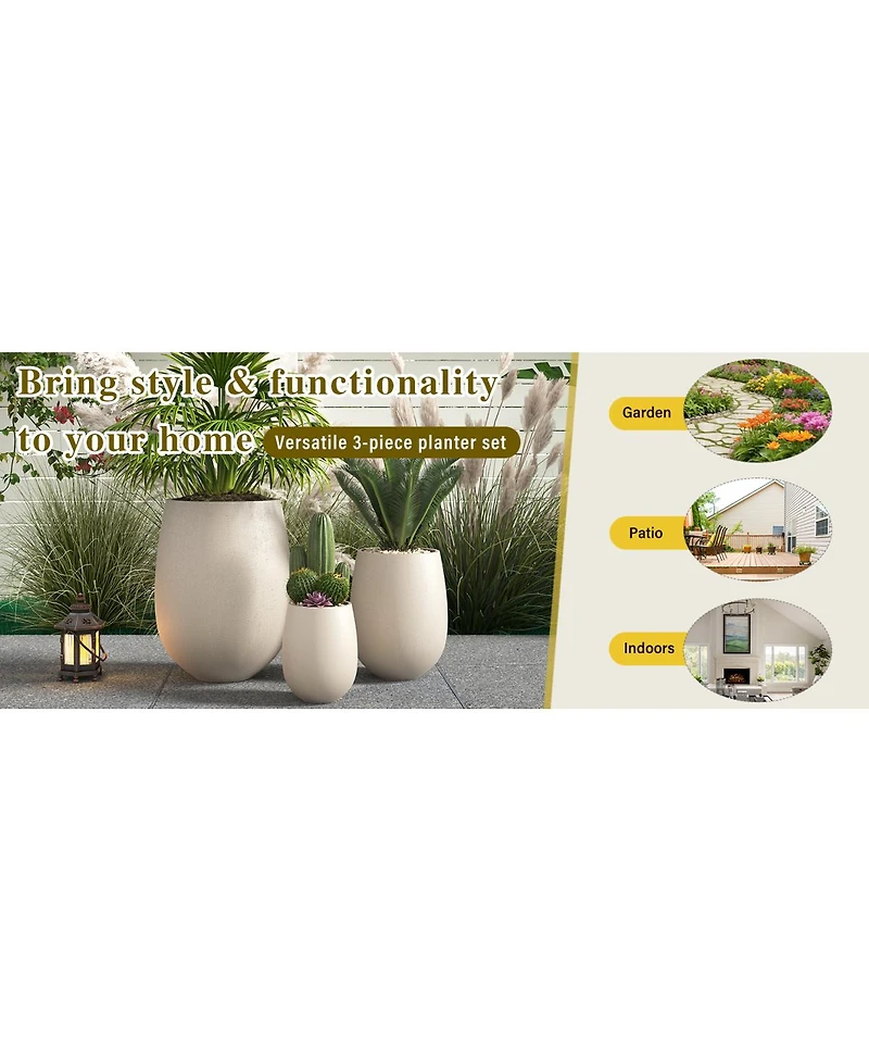 Streamdale Furniture 3-Piece Lightweight Mgo Round Outdoor Planter Set with Drainage Holes