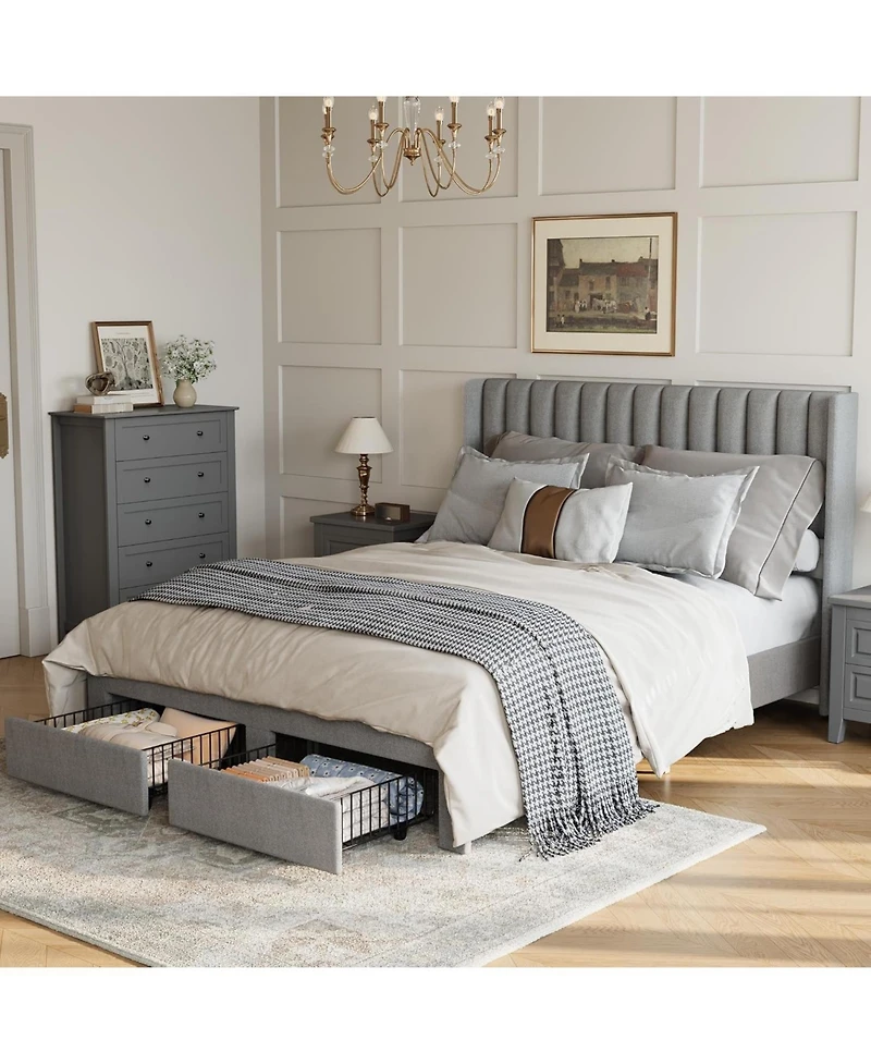 gaomon Queen Size Bed Frame, Bed Frame Upholstered Platform Bed with Velvet Headboard, Wing Edge Design, 2 Storage Drawers